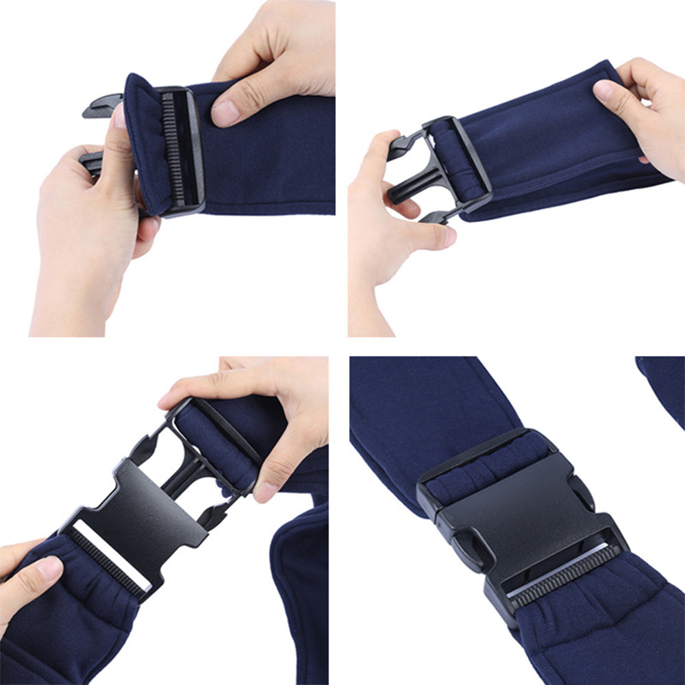 Navy belt with a black buckle being adjusted by hands on a white background