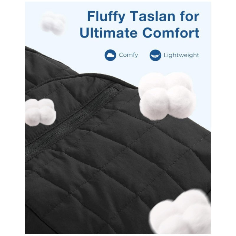 Black jacket with fluffy Taslan for comfort, labeled as 'Comfy' and 'Lightweight'.