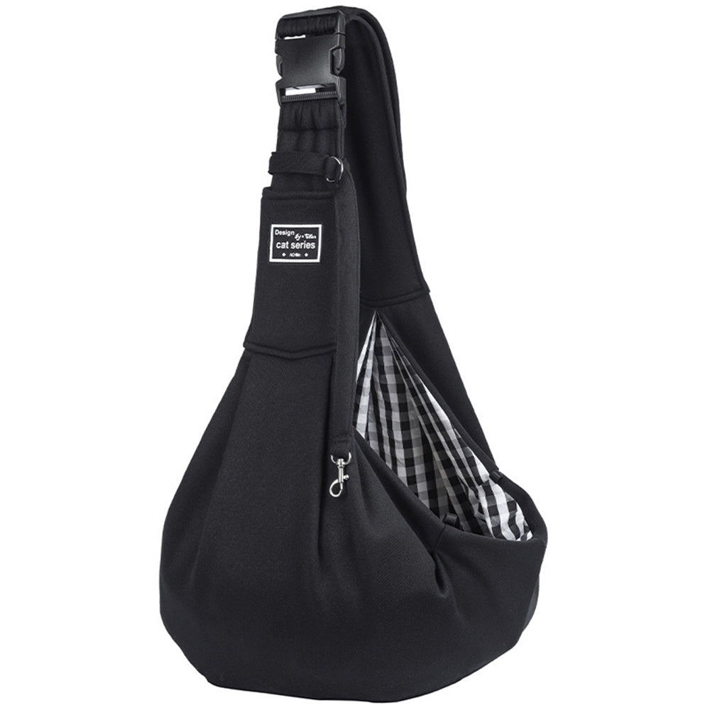 Black pet sling with checkered lining on a white background