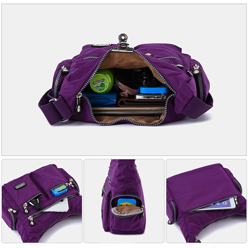 Purple bag with various items inside, shown from different angles on a white background.