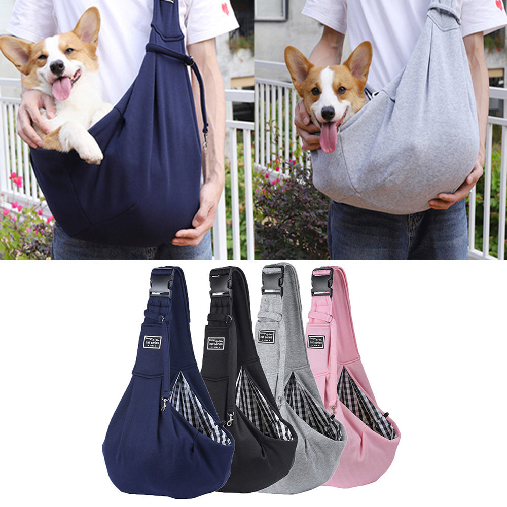 Dog sling carrier in various colors with a dog inside, set against a white background.