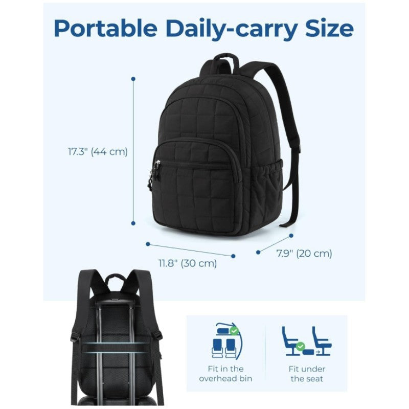 Black backpack with dimensions and travel compatibility icons on a white background