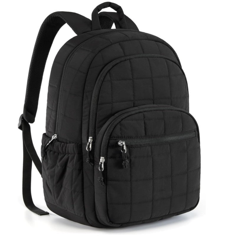 Black quilted backpack on a white background