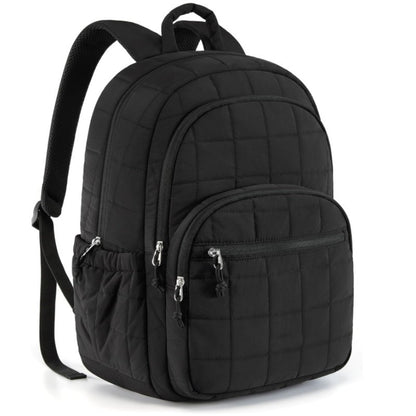 Black quilted backpack on a white background