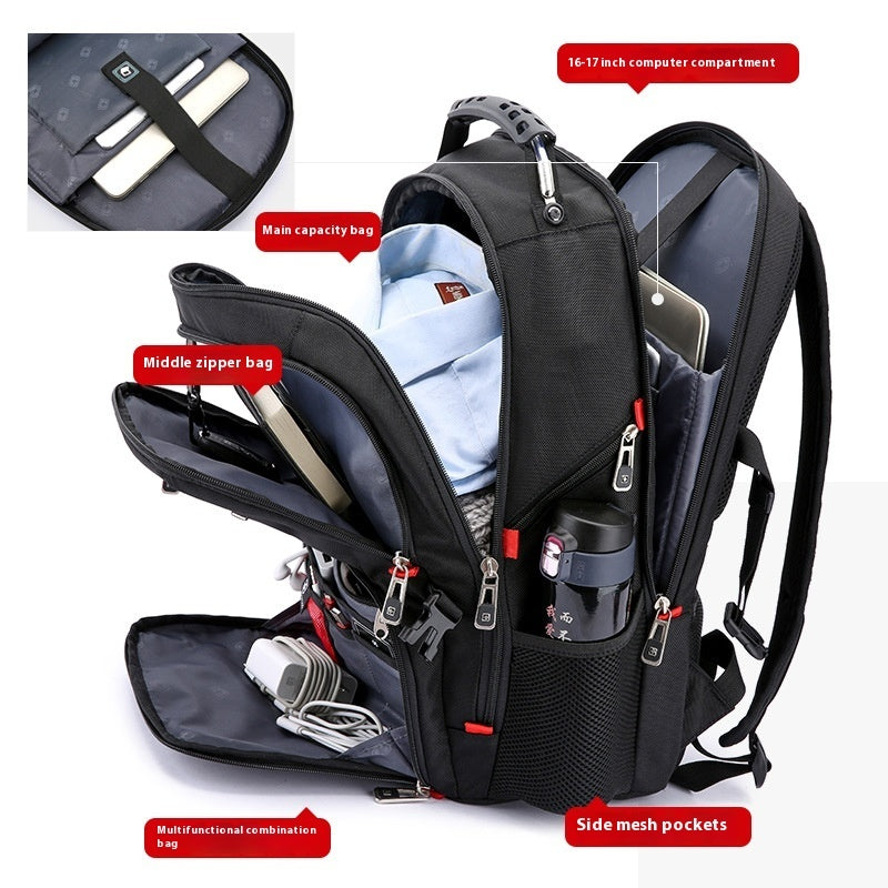 Black backpack with labeled compartments on a white background