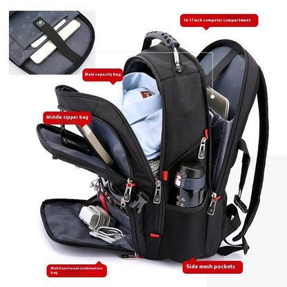 Black backpack with labeled compartments on a white background
