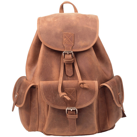 Brown leather backpack on a white background