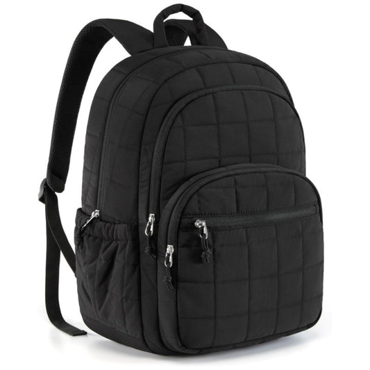 Black quilted backpack on a white background