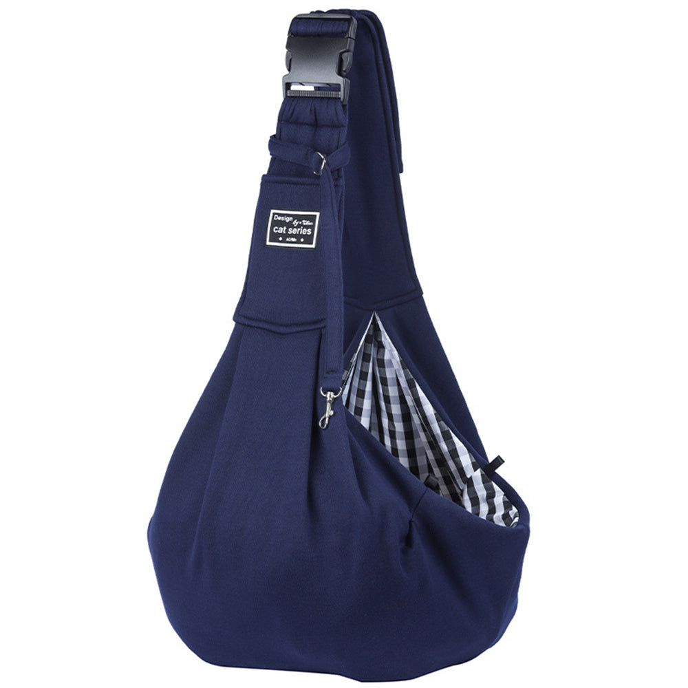 Navy blue sling bag with a checkered interior on a white background