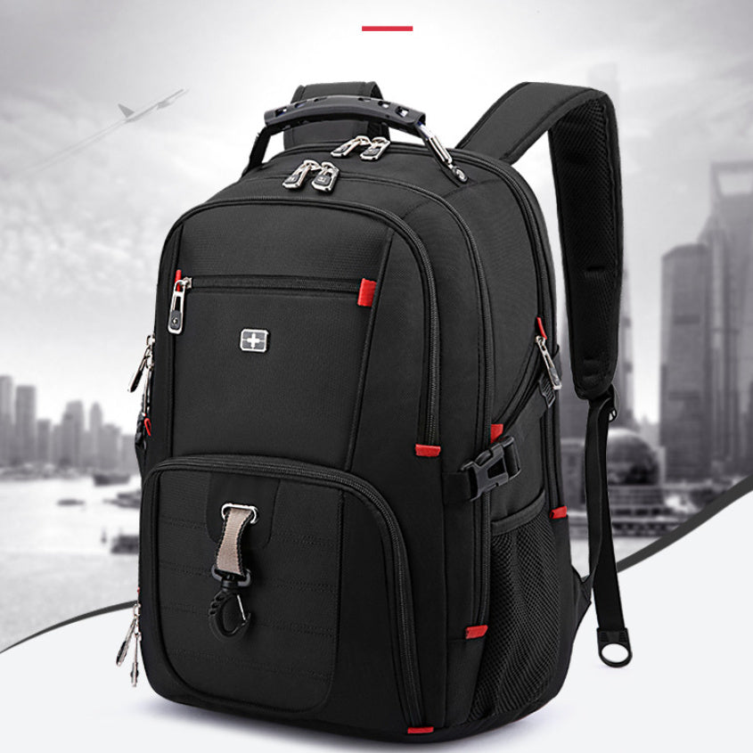 Black backpack with red accents on a blurred cityscape background