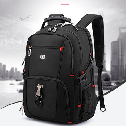 Black backpack with red accents on a blurred cityscape background