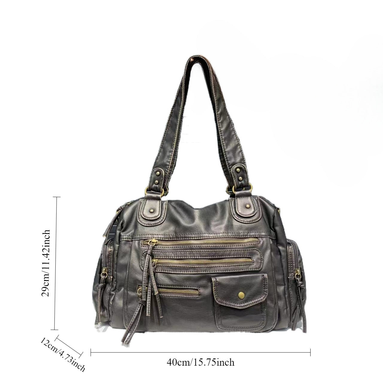 Gray handbag with multiple pockets and measurements on a white background