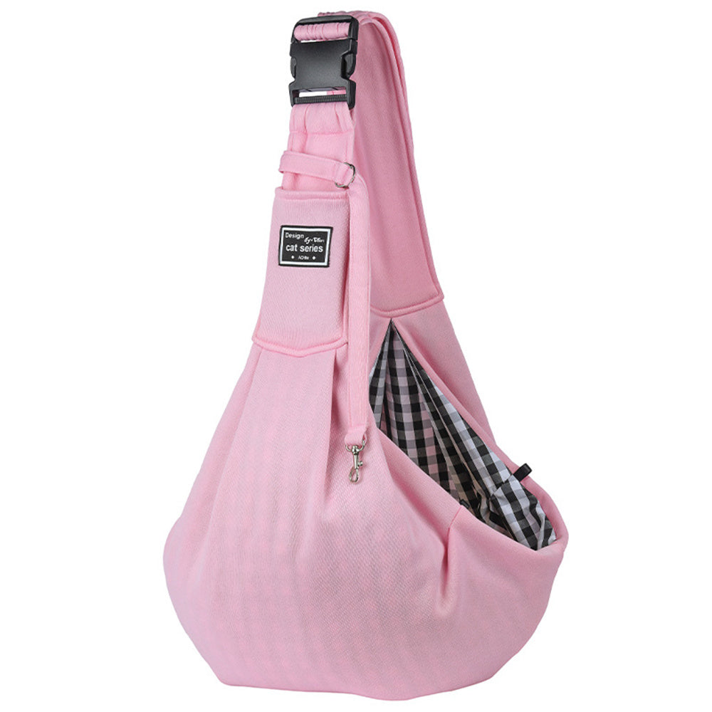 Pink pet sling with a checkered interior on a white background