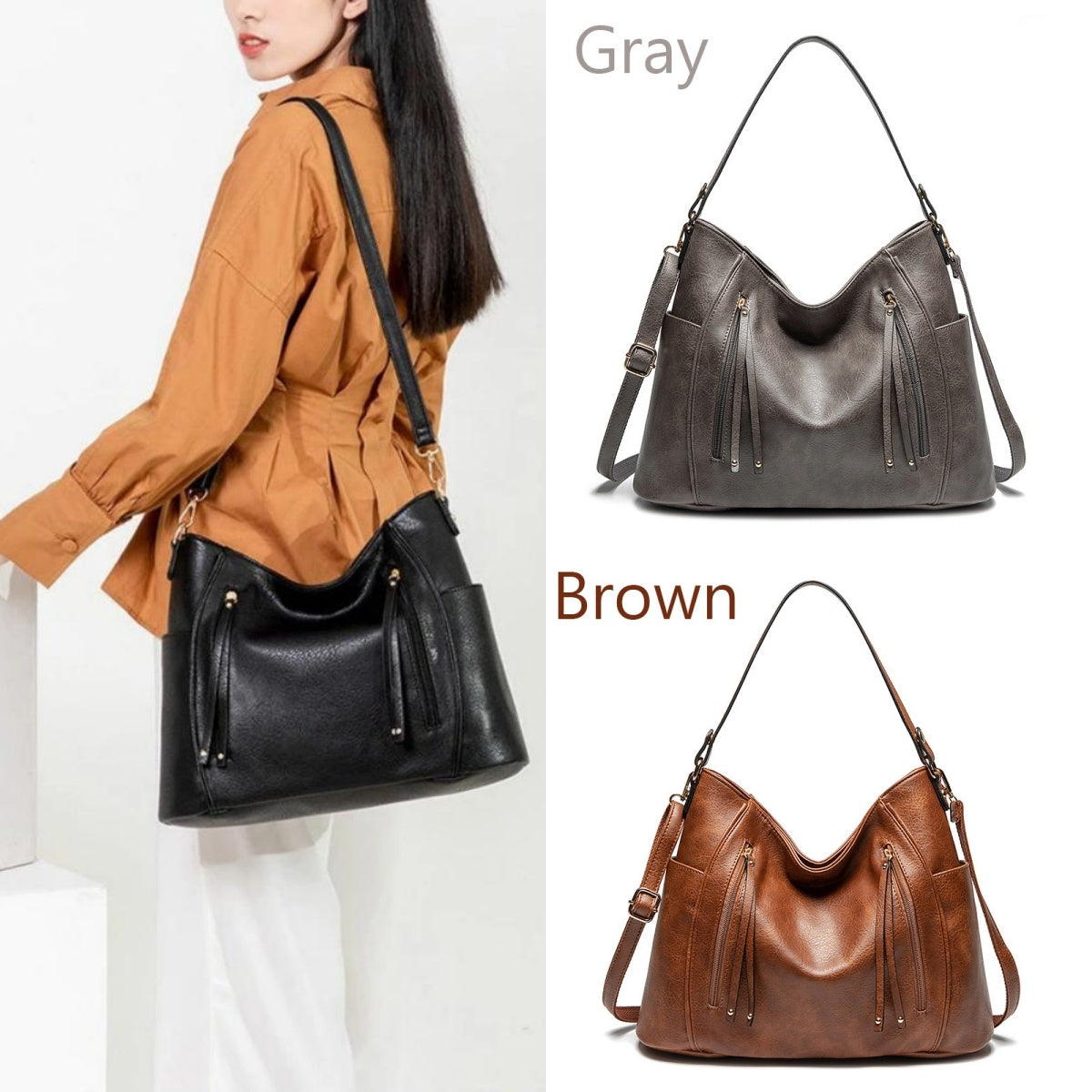 Woman holding a black handbag with gray and brown handbags displayed on a white background.