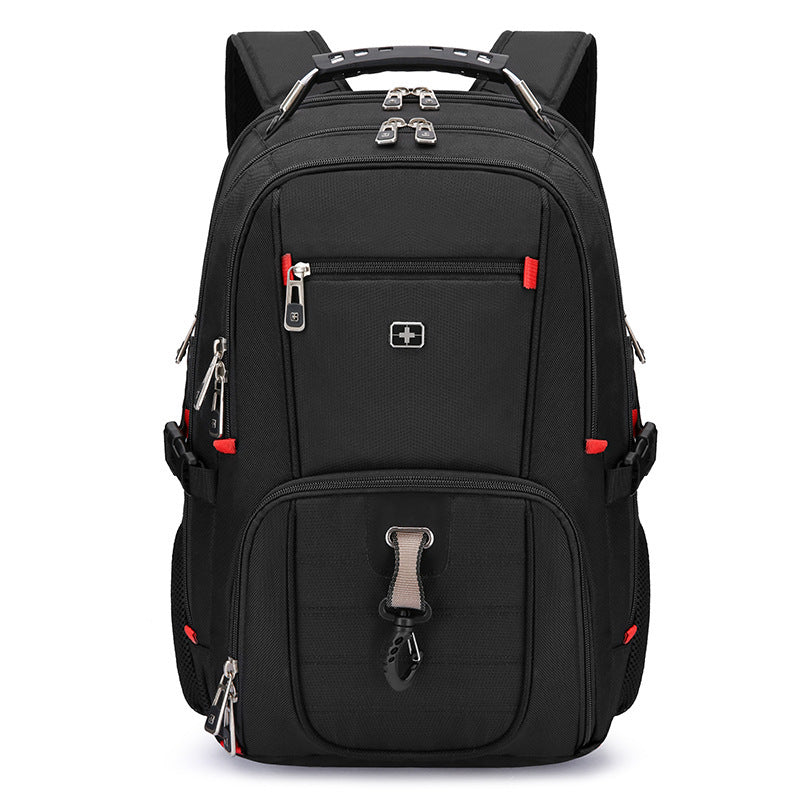 Black backpack with red accents on a white background