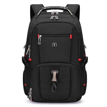 Black backpack with red accents on a white background