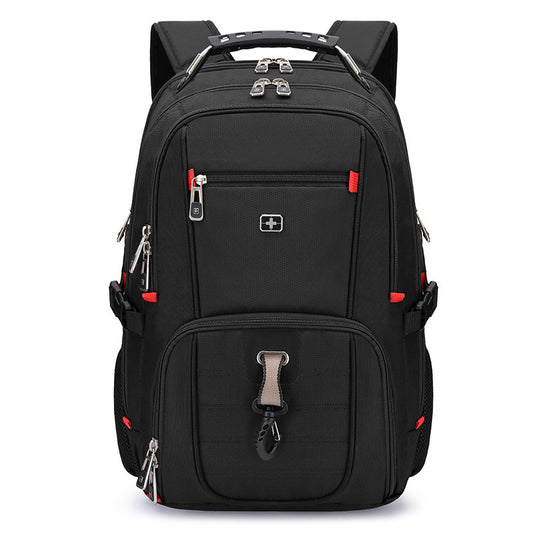 Black backpack with red accents on a white background