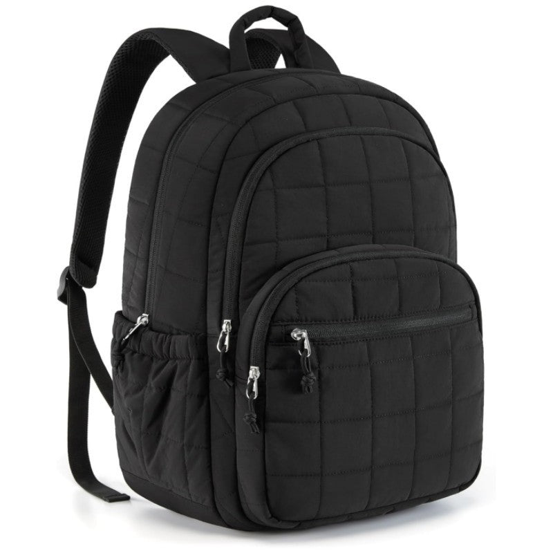 Black quilted backpack on a white background