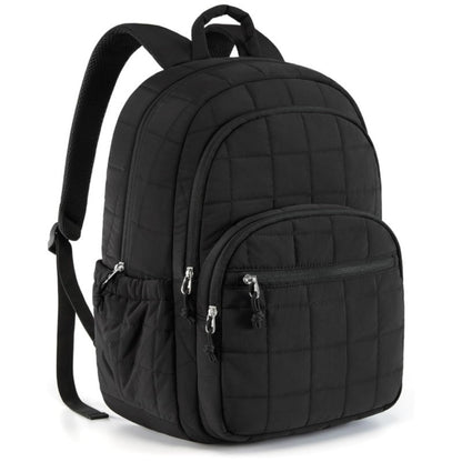 Black quilted backpack on a white background