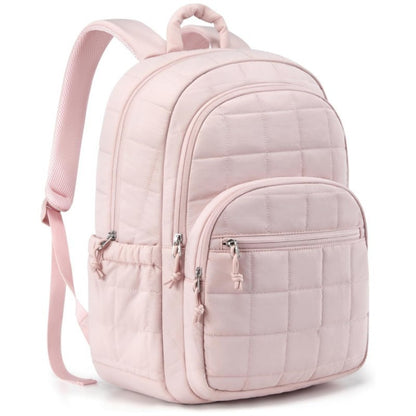 Pink quilted backpack on a white background