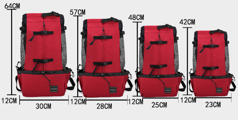 Set of red and gray backpacks with dimensions displayed below each.