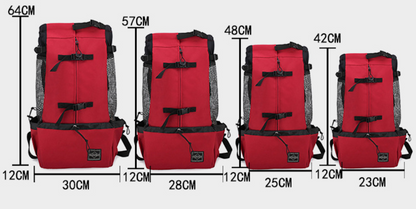 Set of red and gray backpacks with dimensions displayed below each.
