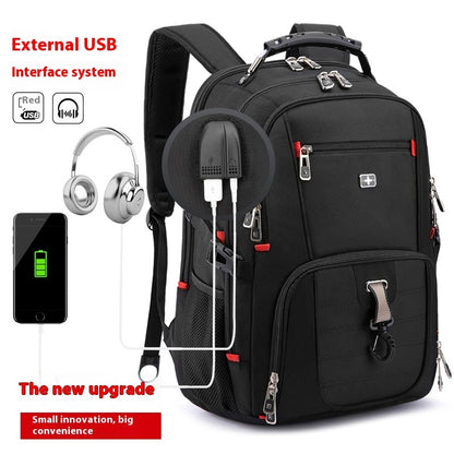 Black backpack with USB interface system, headphones, and smartphone charging illustration on a white background.