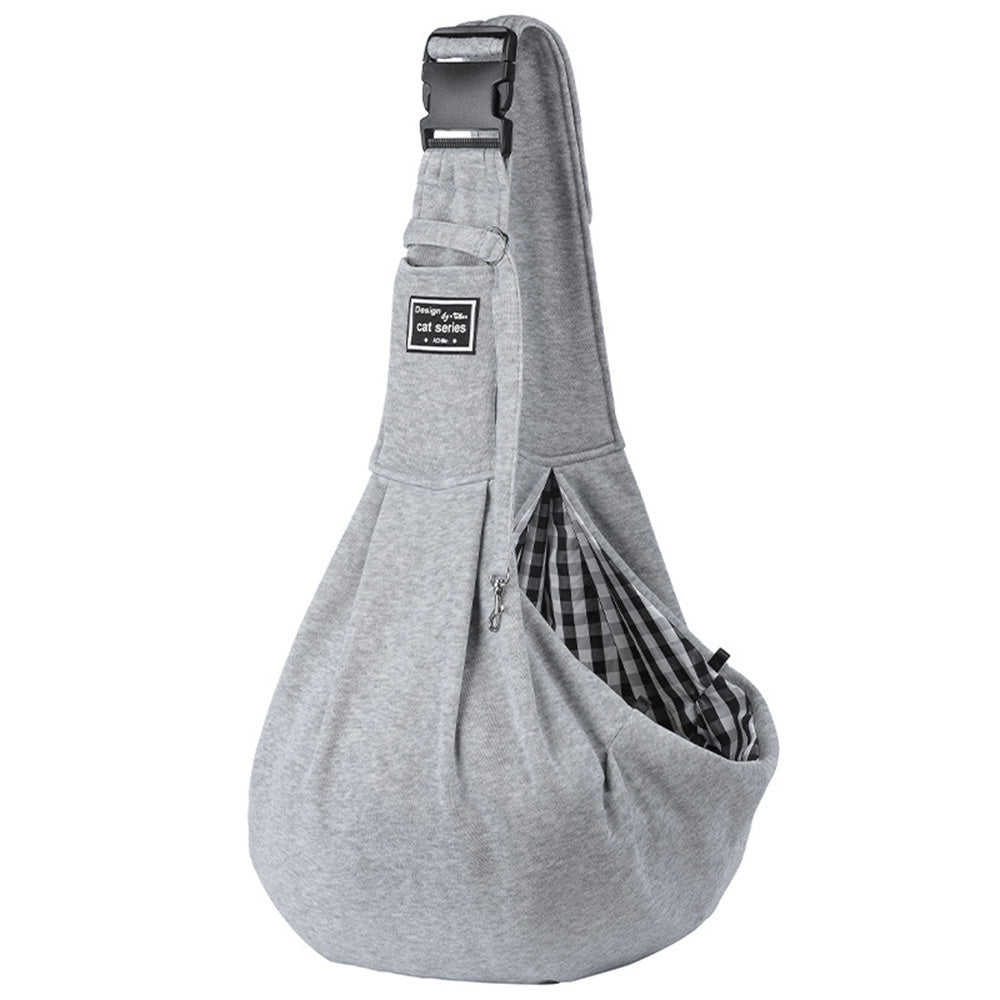 Gray sling bag with a checkered interior on a white background