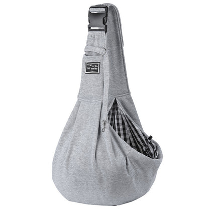 Gray sling bag with a checkered interior on a white background