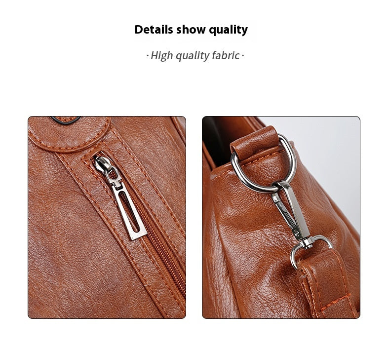 Close-up of brown leather bag with zipper and handle on a white background