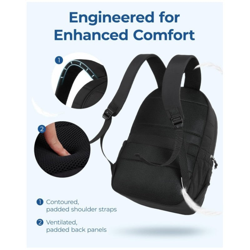 Black sling bag with contoured shoulder straps and ventilated back panels on a light blue background.