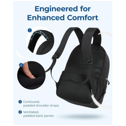 Black sling bag with contoured shoulder straps and ventilated back panels on a light blue background.