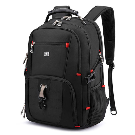 Black backpack with red accents on a white background