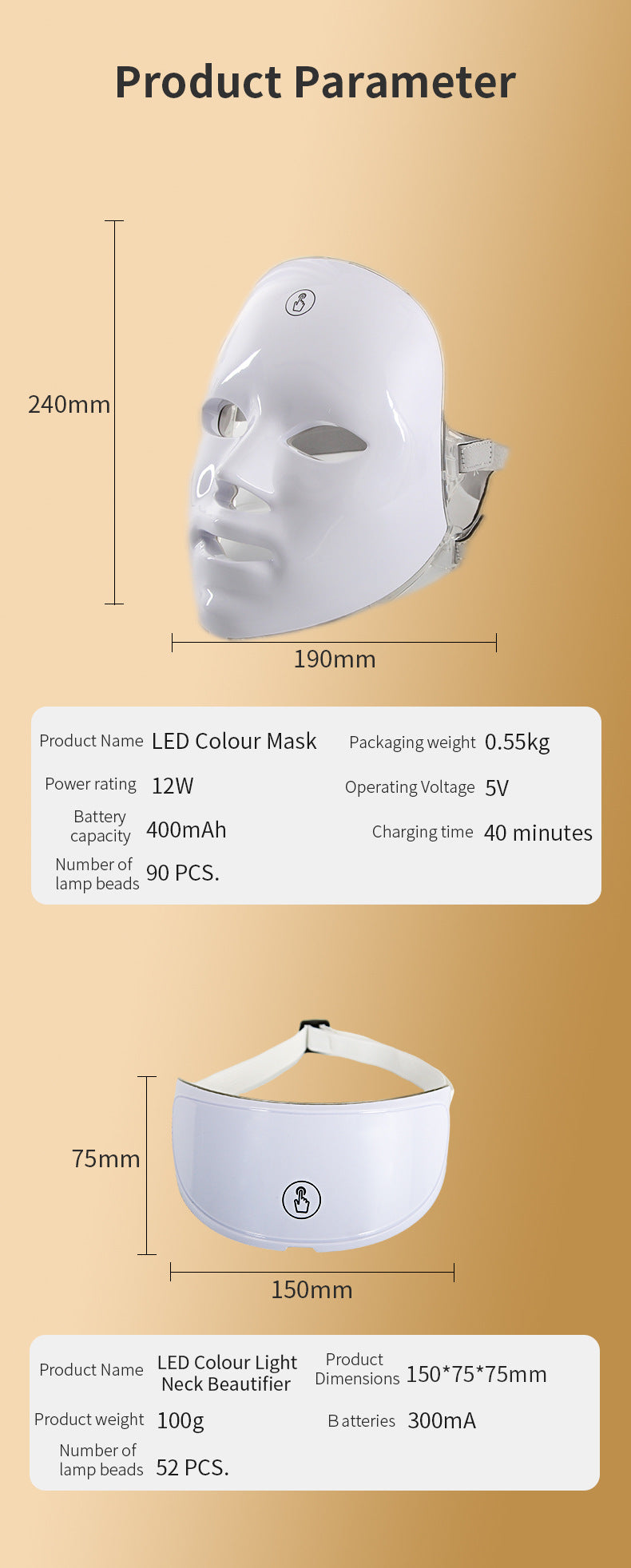 LED Colour Mask with dimensions and specifications on a beige background