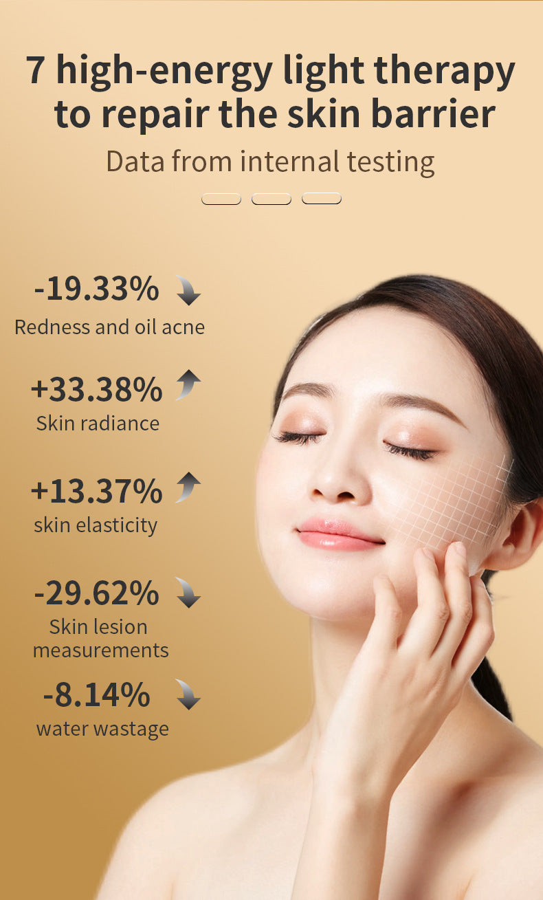 Woman touching her face with text about high-energy light therapy benefits on a beige background
